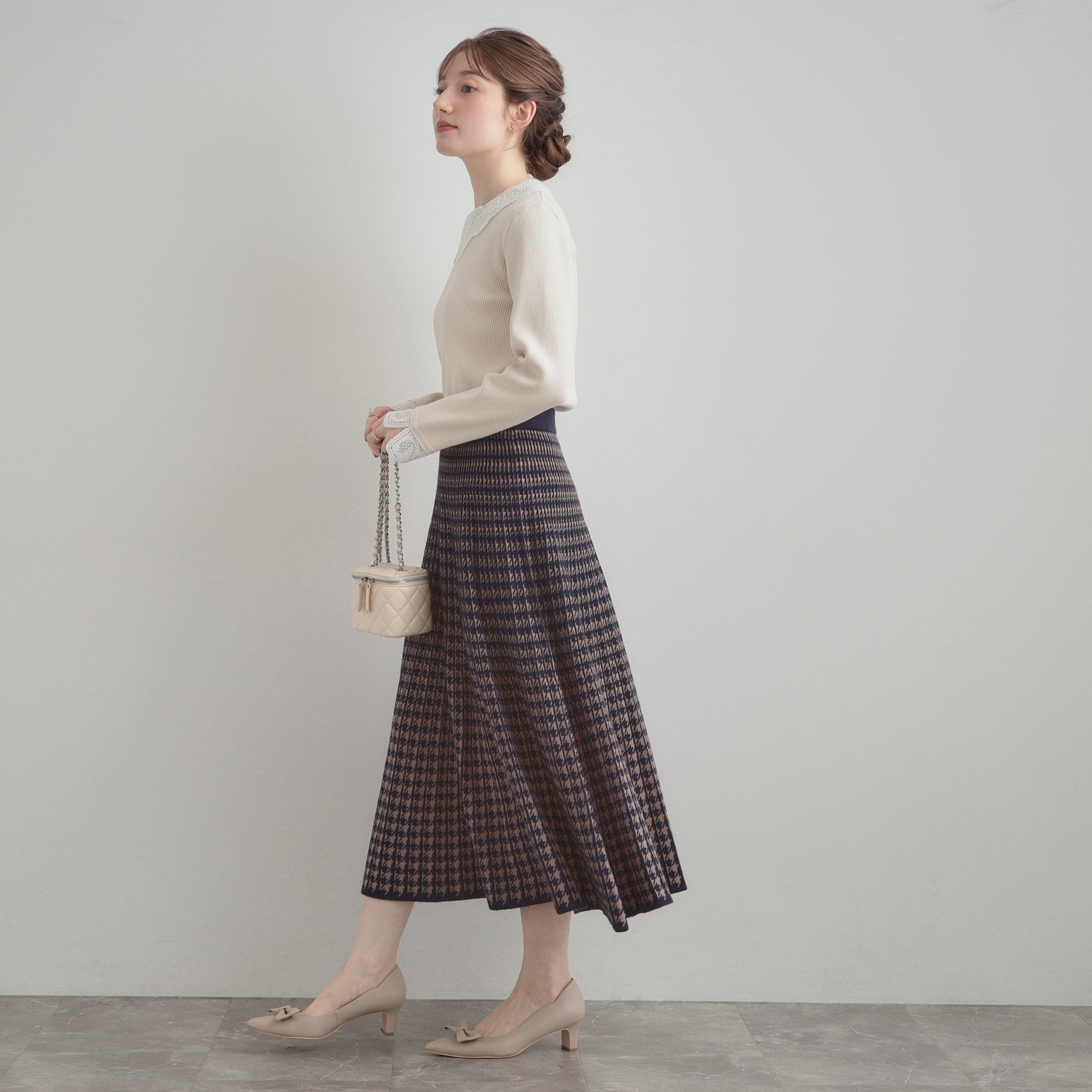 クチュール ブローチ Couture Brooch 千鳥JQニットプリーツスカート (ネイビー(294)) ネイビー(294)