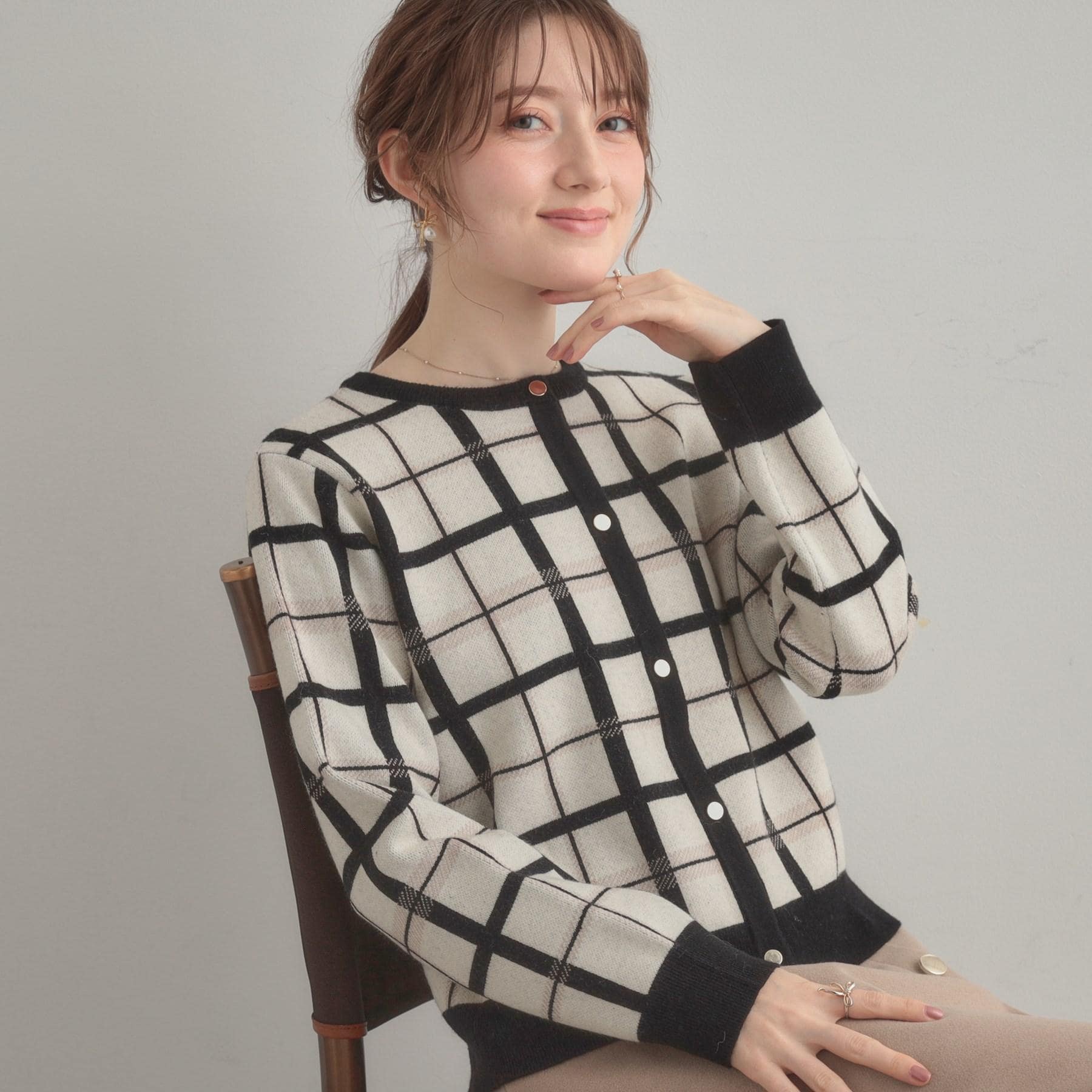 クチュール ブローチ Couture Brooch チェックジャカードニットカーディガン (アイボリー(204)) アイボリー(204)