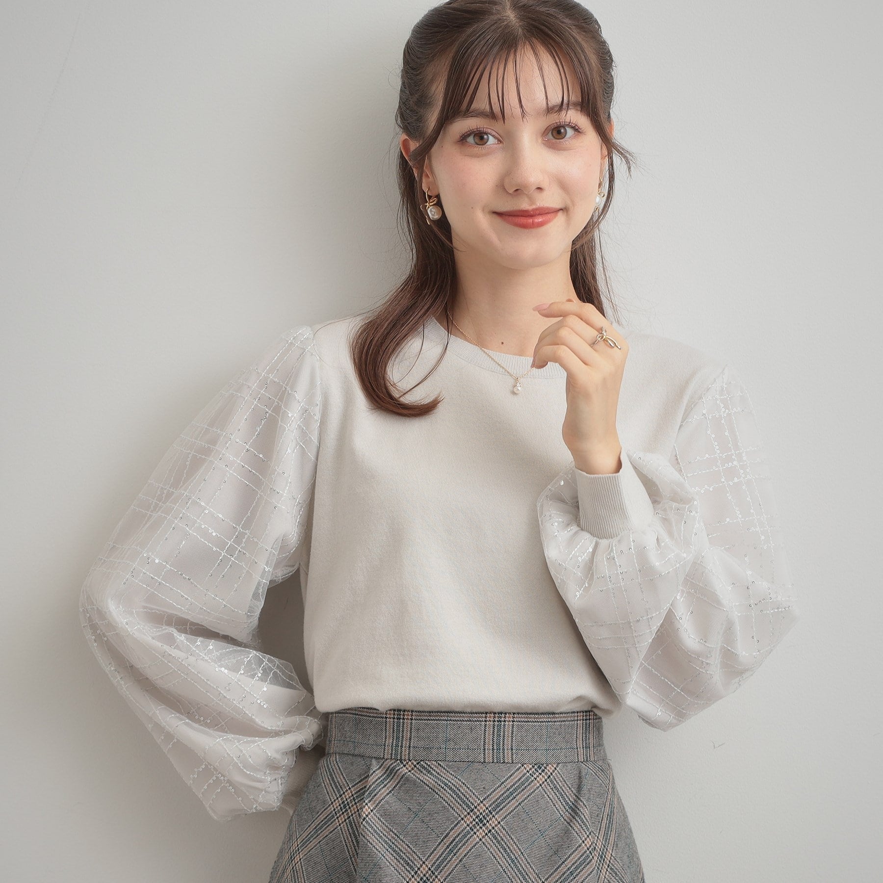 クチュール ブローチ Couture Brooch 袖チェックチュールドッキングニット (ピンクベージュ(053)) ピンクベージュ(053)