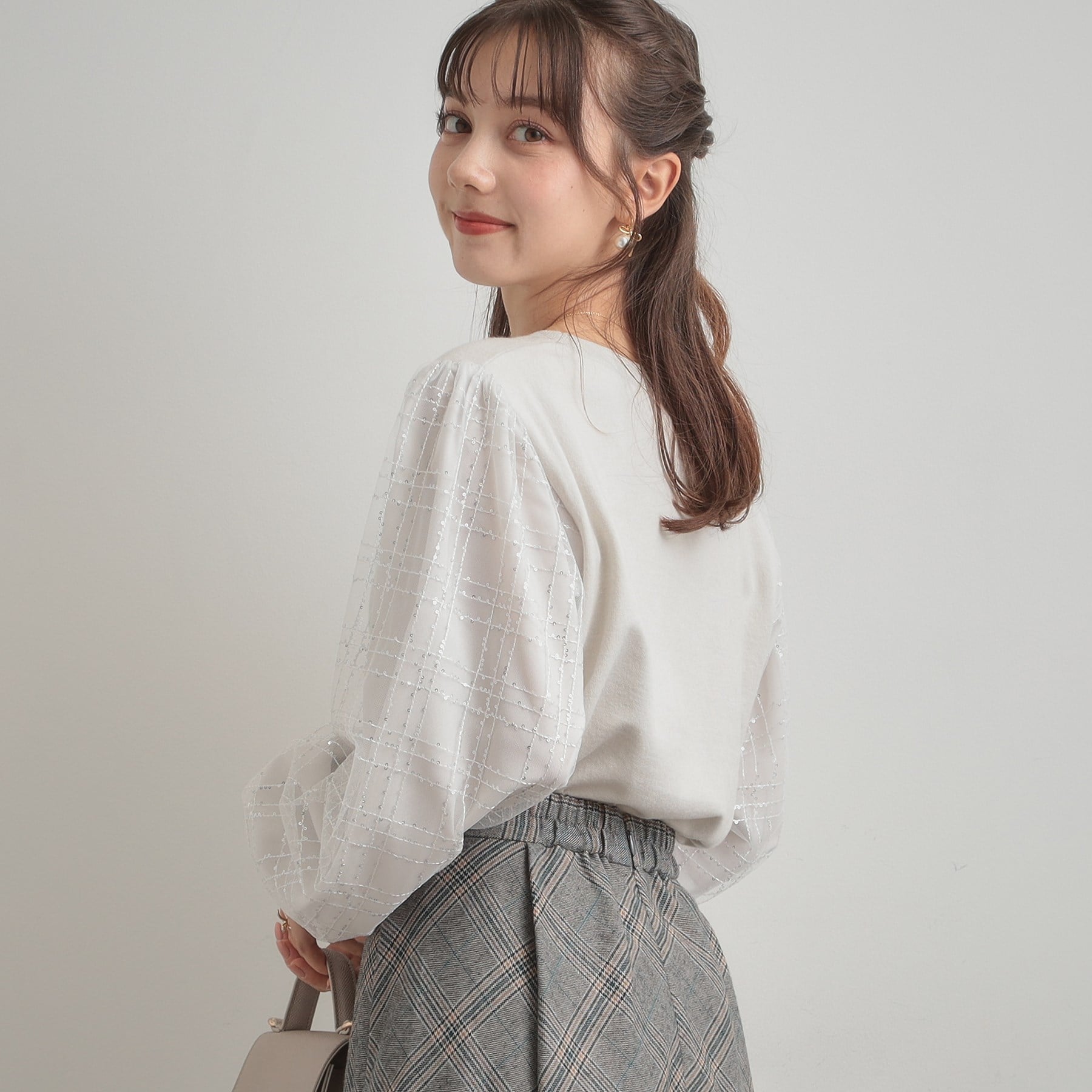 クチュール ブローチ Couture Brooch 袖チェックチュールドッキングニット (ピンクベージュ(053)) ピンクベージュ(053)