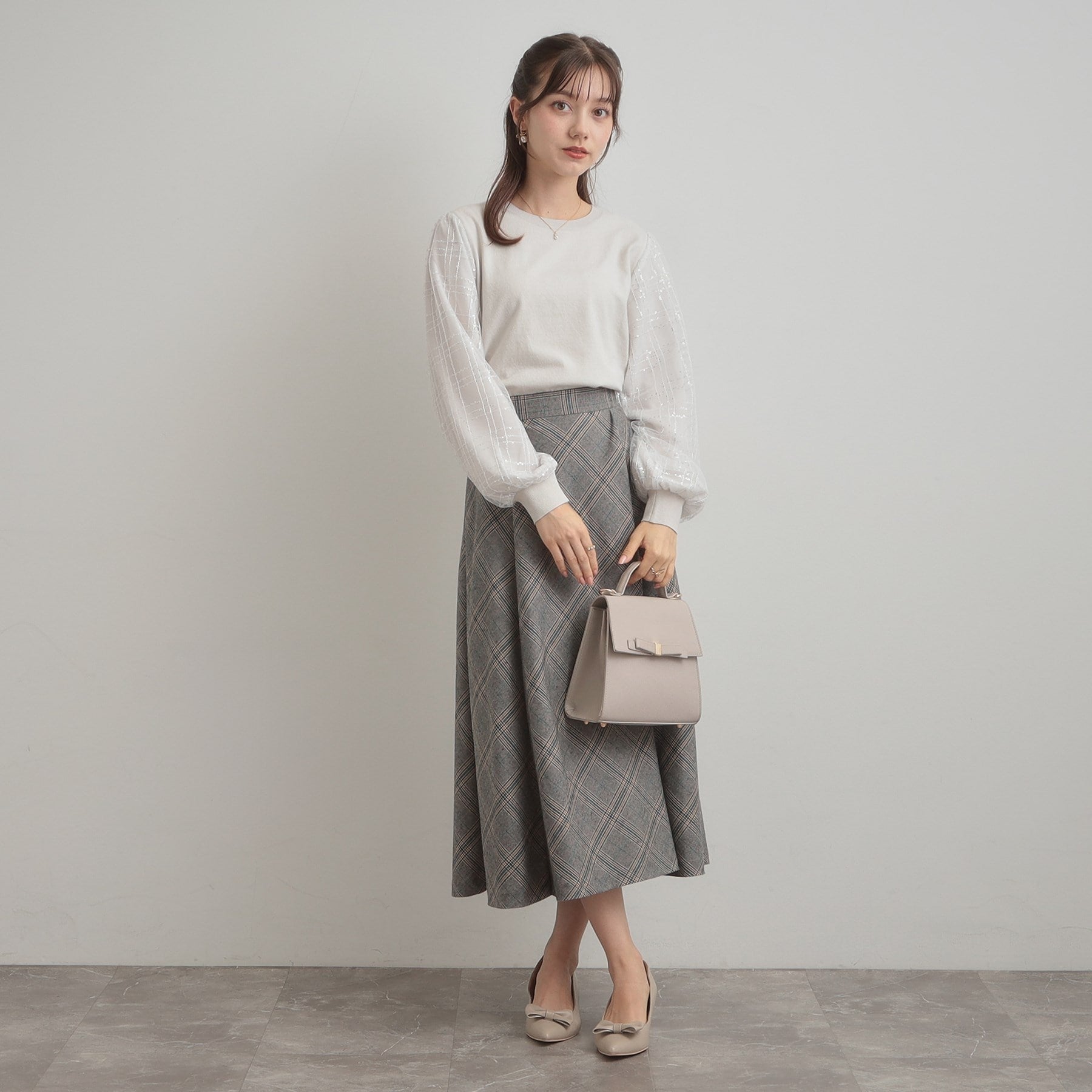 クチュール ブローチ Couture Brooch 袖チェックチュールドッキングニット (ピンクベージュ(053)) ピンクベージュ(053)