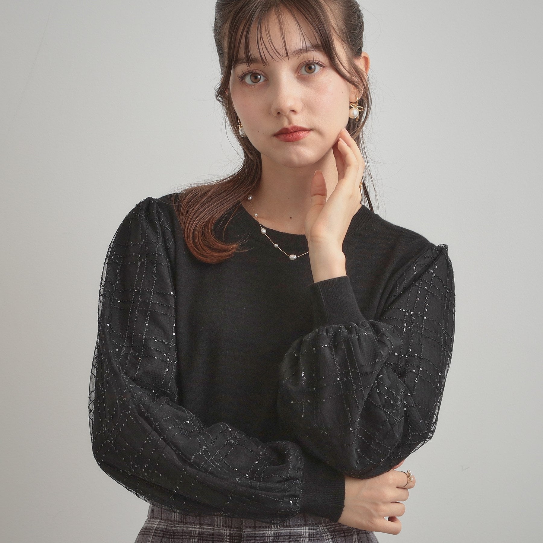 クチュール ブローチ Couture Brooch 袖チェックチュールドッキングニット (ピンクベージュ(053)) ピンクベージュ(053)