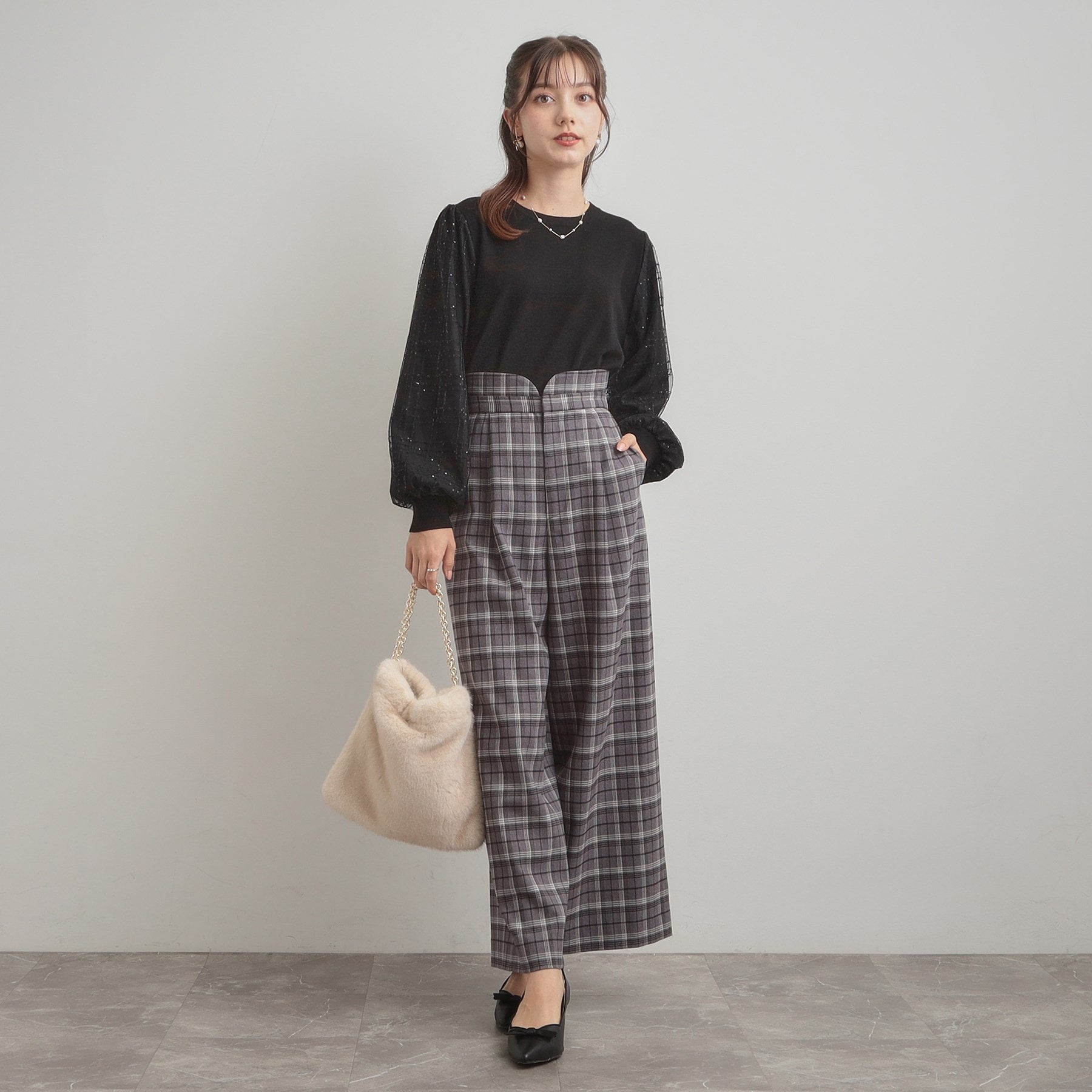 クチュール ブローチ Couture Brooch 袖チェックチュールドッキングニット (ピンクベージュ(053)) ピンクベージュ(053)