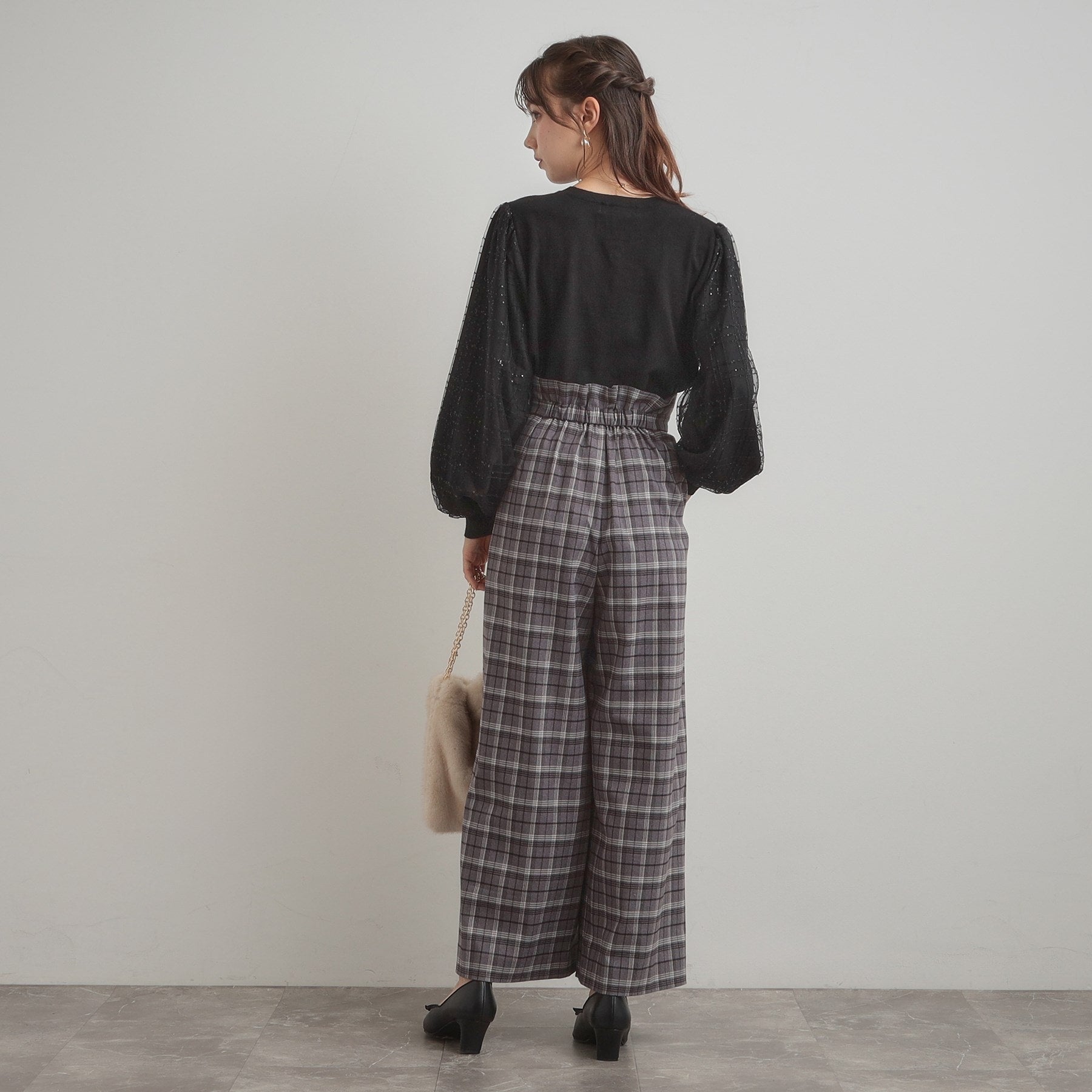 クチュール ブローチ Couture Brooch 袖チェックチュールドッキングニット (ピンクベージュ(053)) ピンクベージュ(053)