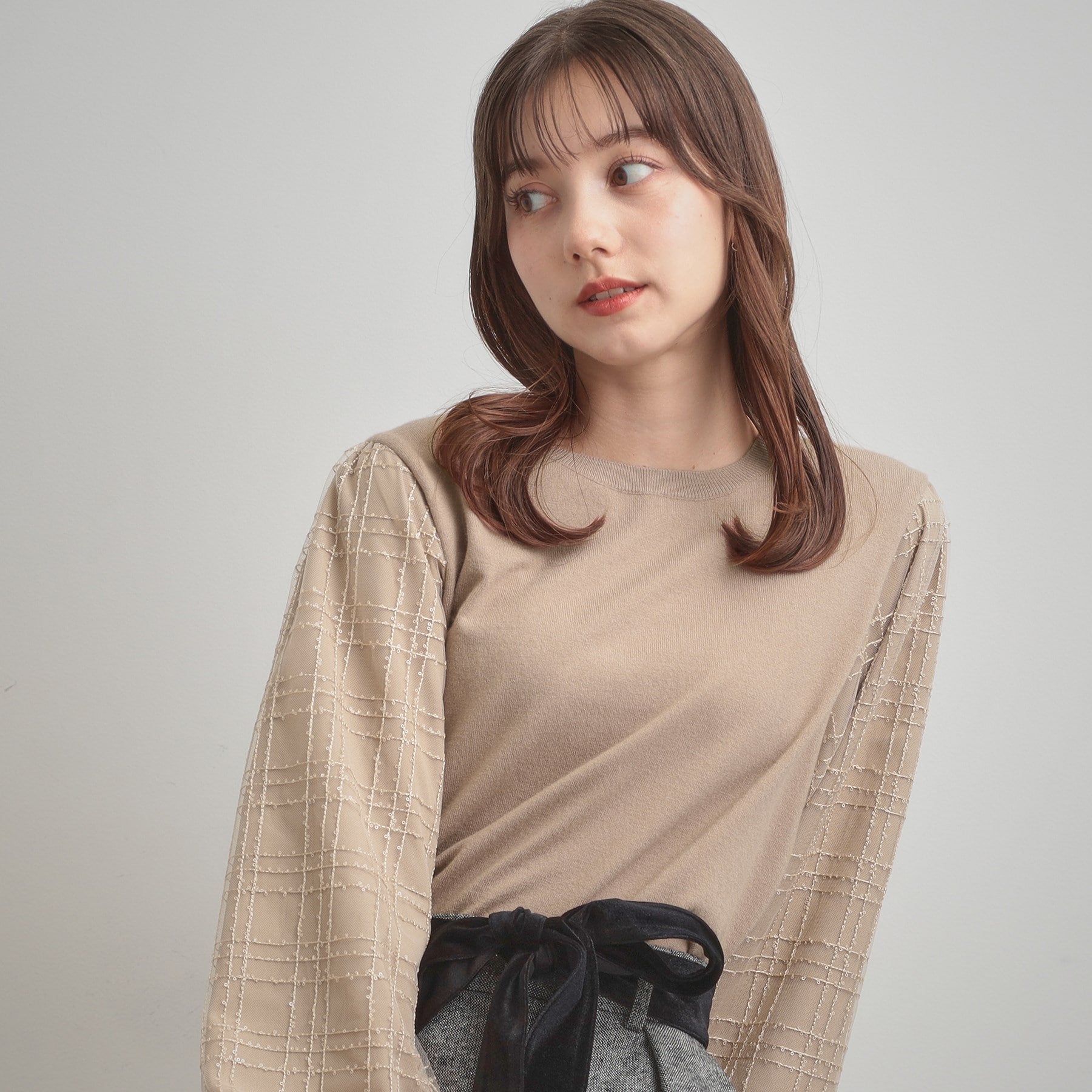 クチュール ブローチ Couture Brooch 袖チェックチュールドッキングニット (ピンクベージュ(053)) ピンクベージュ(053)