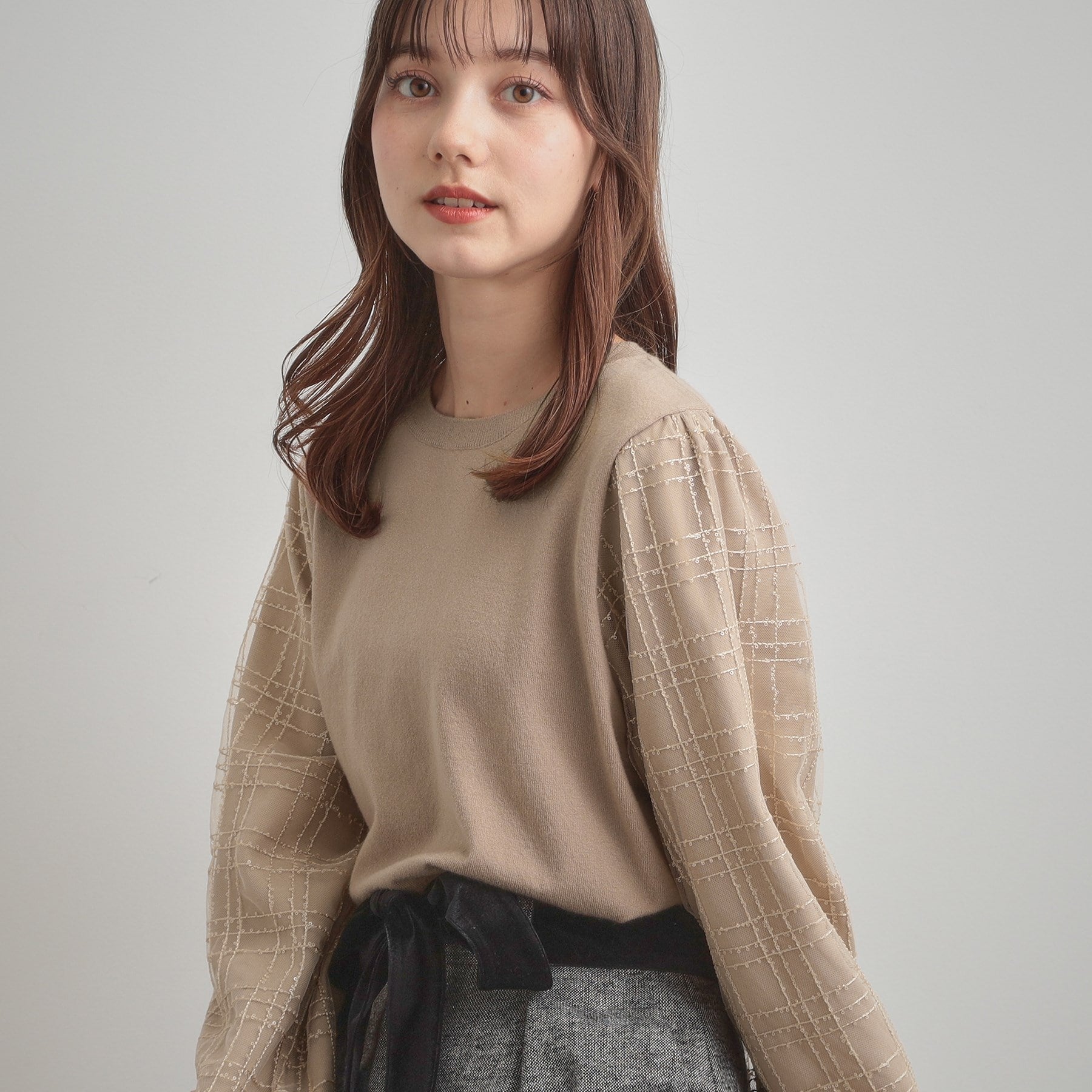 クチュール ブローチ Couture Brooch 袖チェックチュールドッキングニット (ピンクベージュ(053)) ピンクベージュ(053)