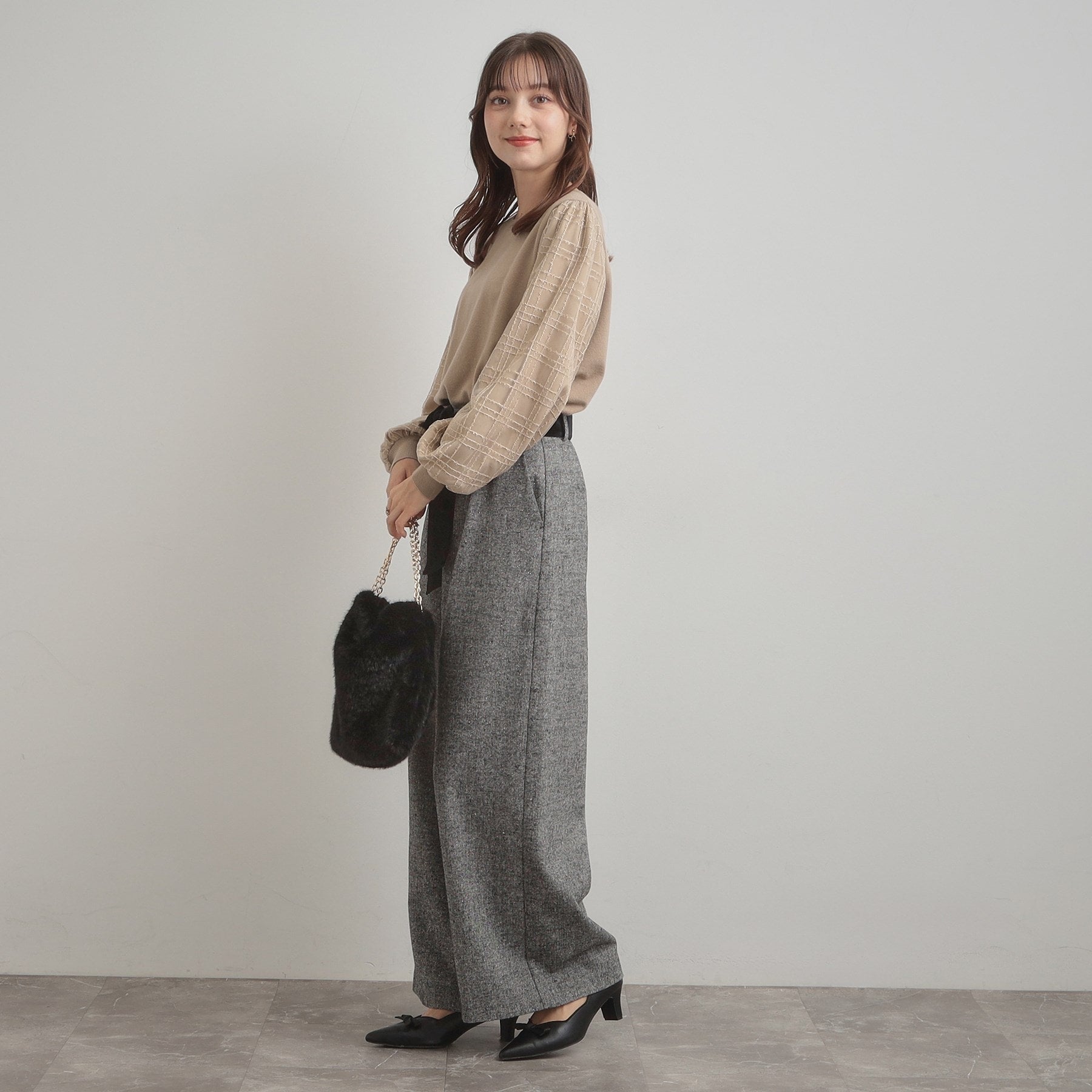 クチュール ブローチ Couture Brooch 袖チェックチュールドッキングニット (ピンクベージュ(053)) ピンクベージュ(053)