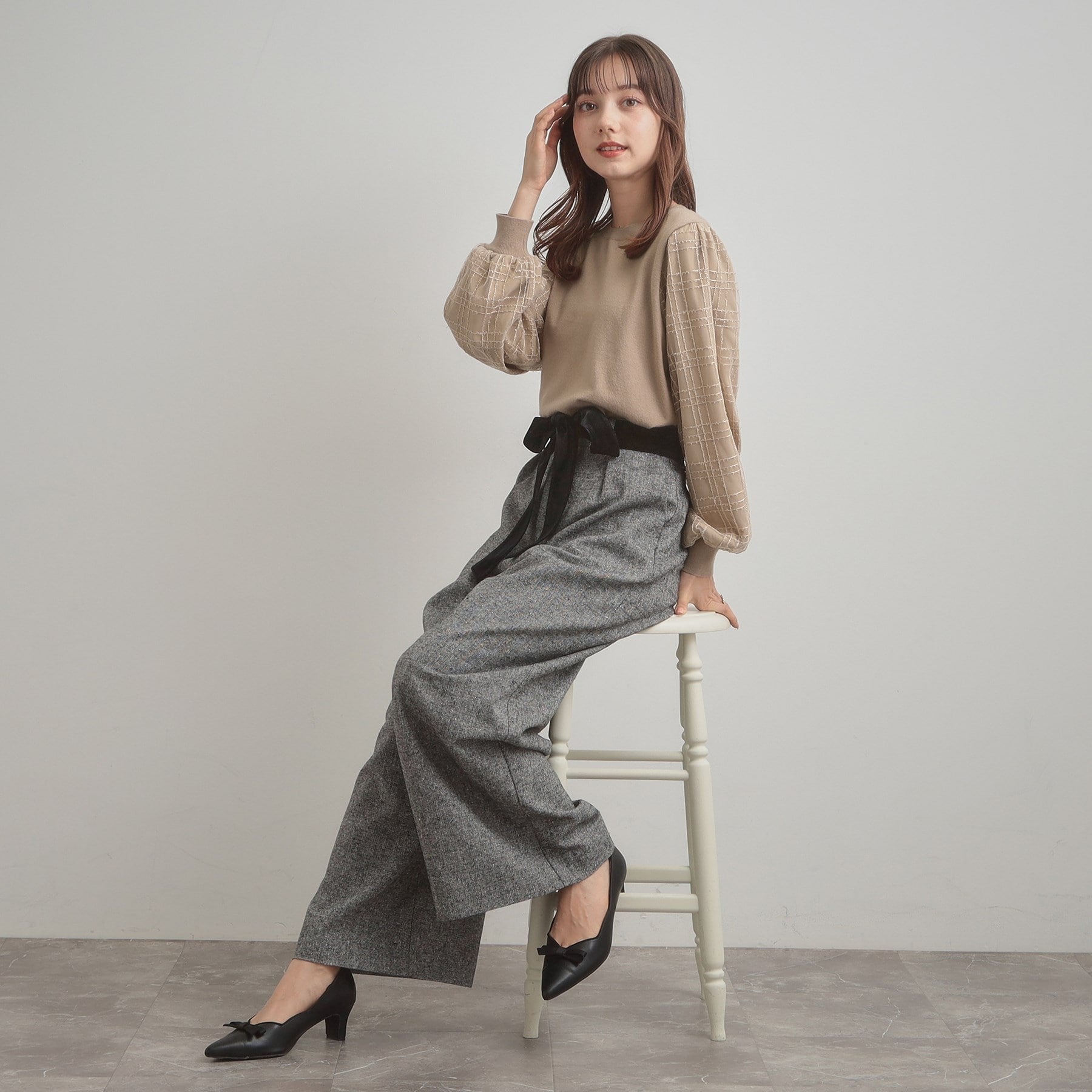 クチュール ブローチ Couture Brooch 袖チェックチュールドッキングニット (ピンクベージュ(053)) ピンクベージュ(053)