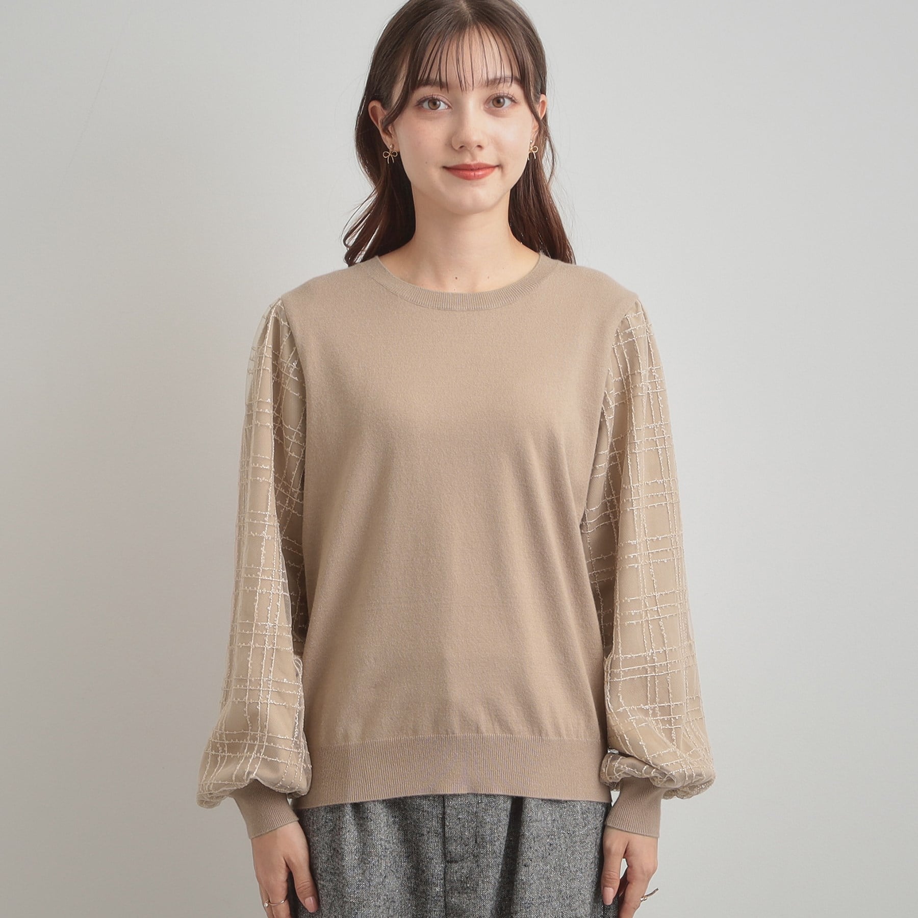 クチュール ブローチ Couture Brooch 袖チェックチュールドッキングニット (ピンクベージュ(053)) ピンクベージュ(053)