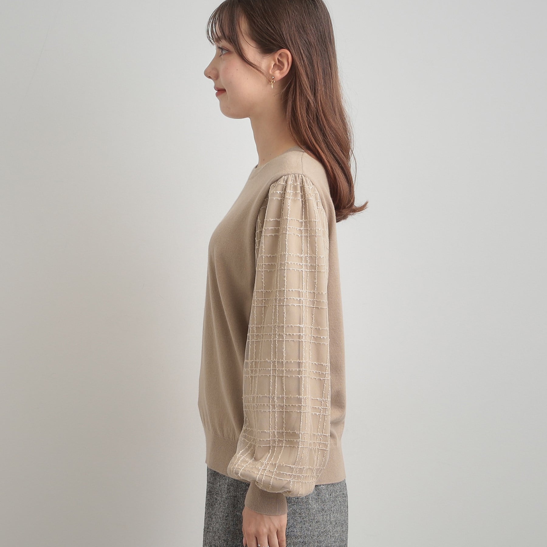 クチュール ブローチ Couture Brooch 袖チェックチュールドッキングニット (ピンクベージュ(053)) ピンクベージュ(053)