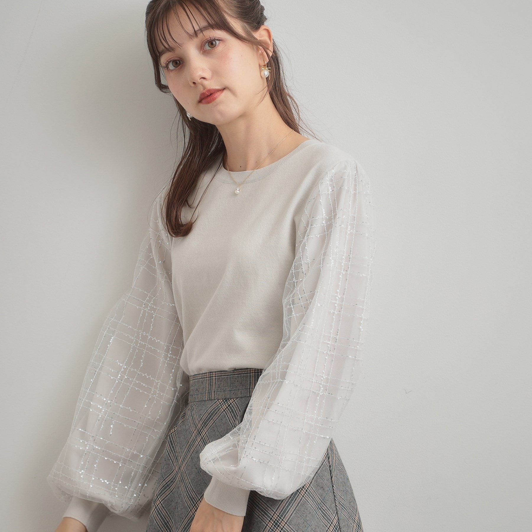 クチュール ブローチ Couture Brooch 袖チェックチュールドッキングニット (ライトグレー(011)) ライトグレー(011)