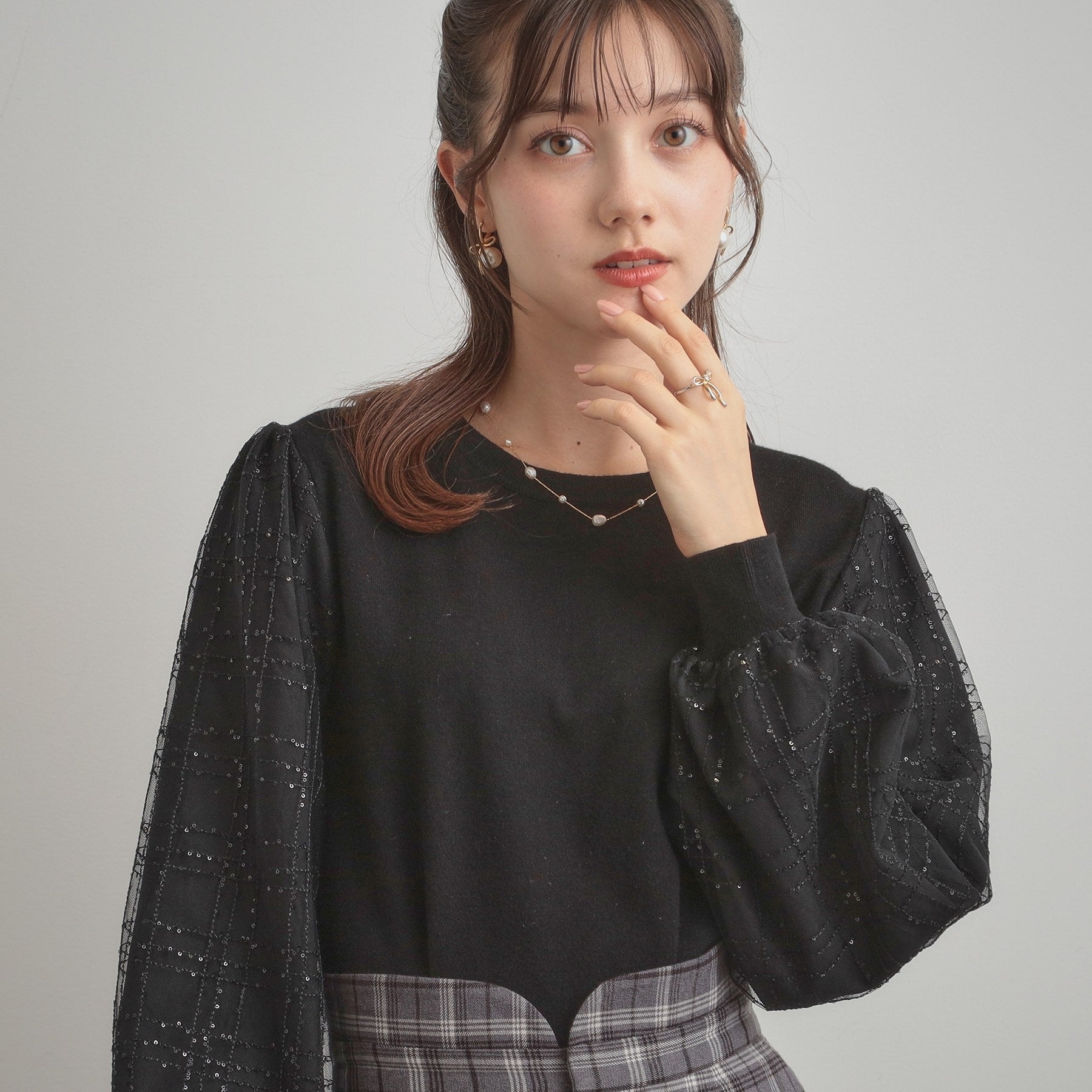 クチュール ブローチ Couture Brooch 袖チェックチュールドッキングニット (ブラック(019)) ブラック(019)