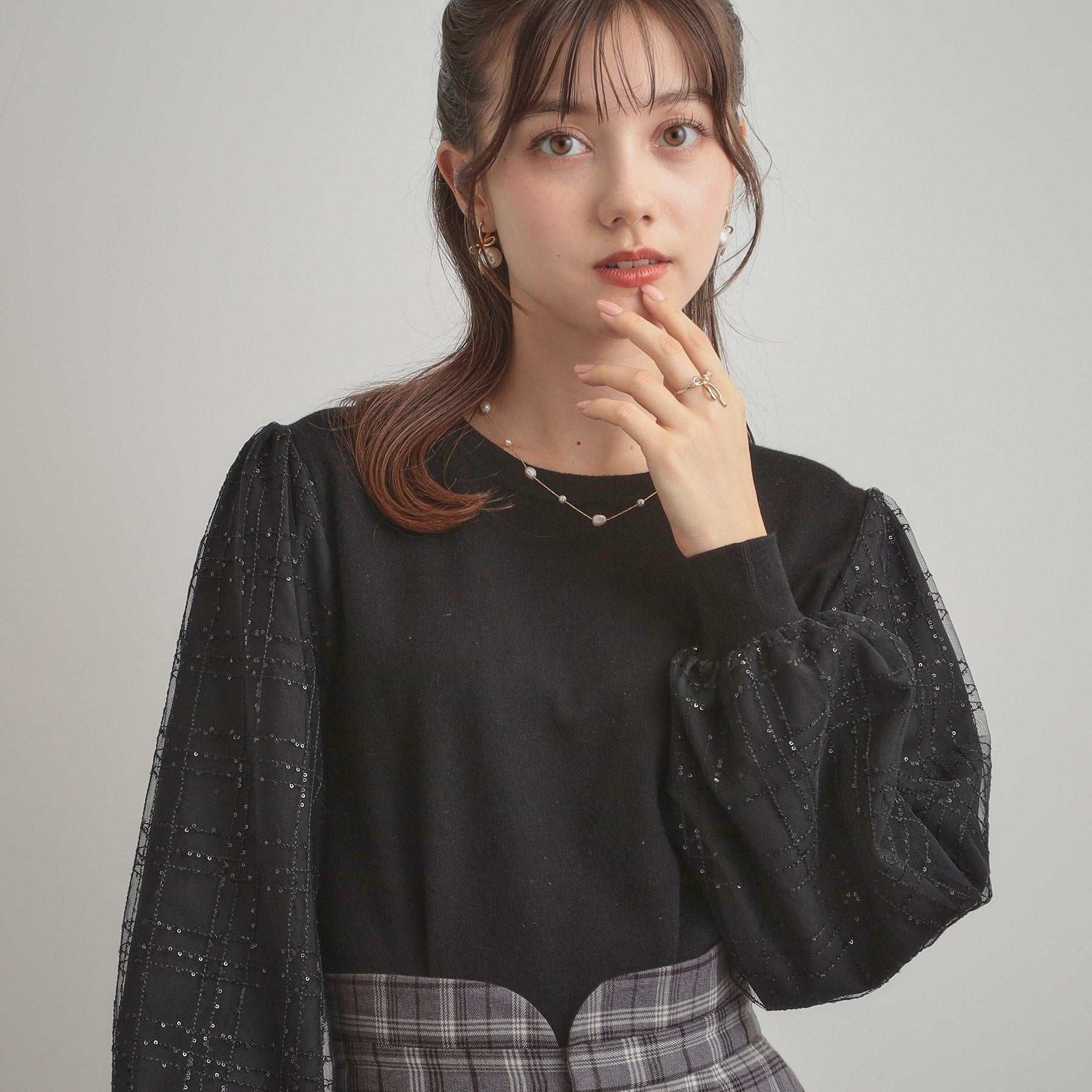 クチュール ブローチ Couture Brooch 袖チェックチュールドッキングニット (ブラック(019)) ブラック(019)