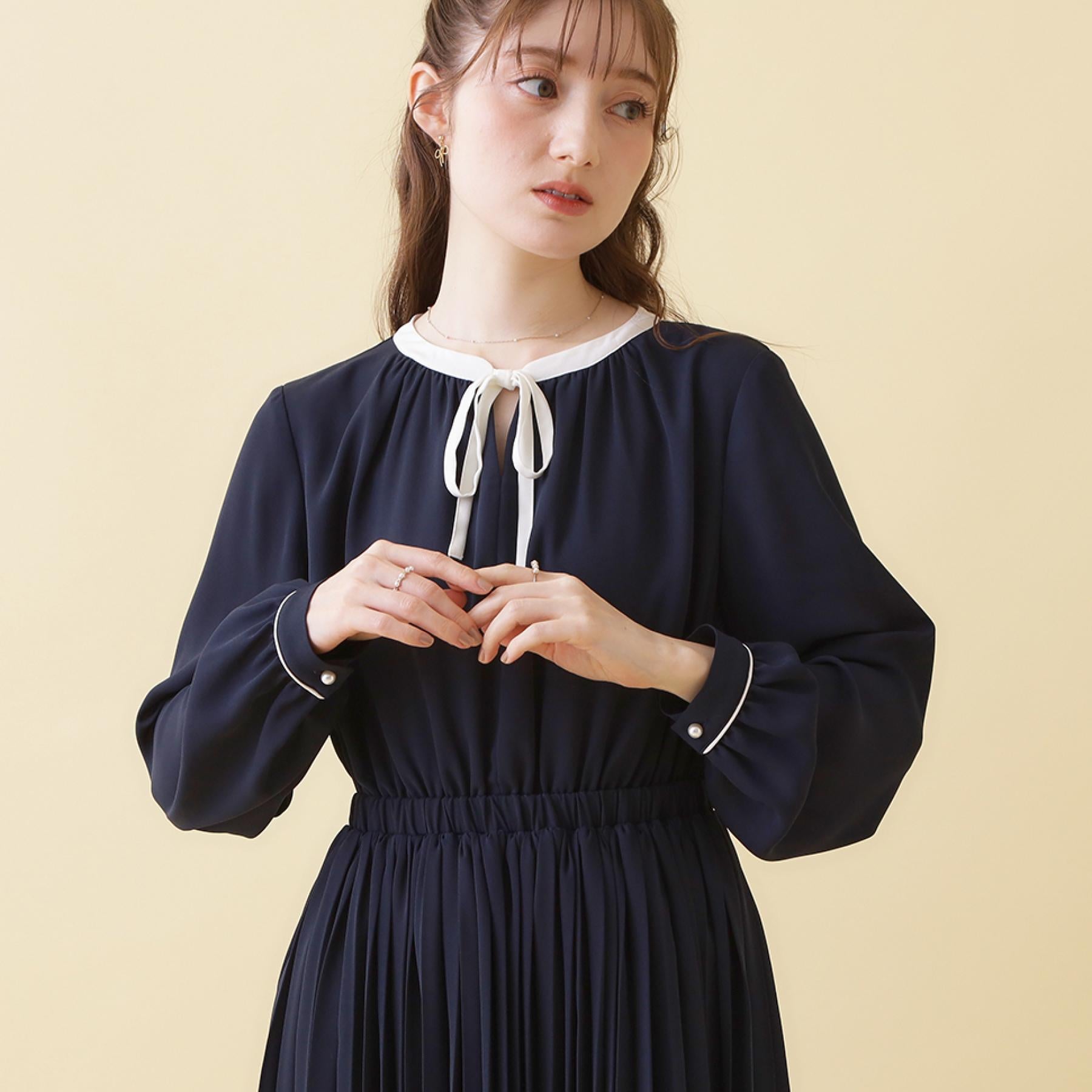 クチュール ブローチ Couture Brooch 配色シフォンプリーツワンピース (ネイビー(094)) ネイビー(094)