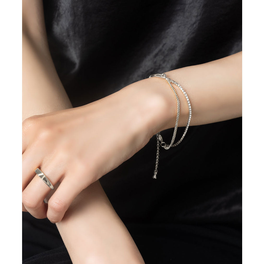 クリームドット Cream dot. カーブメタルと華奢ミックスチェーンのブレスレット (ワンサイズ:ピンクゴールド) ワンサイズ:ピンクゴールド