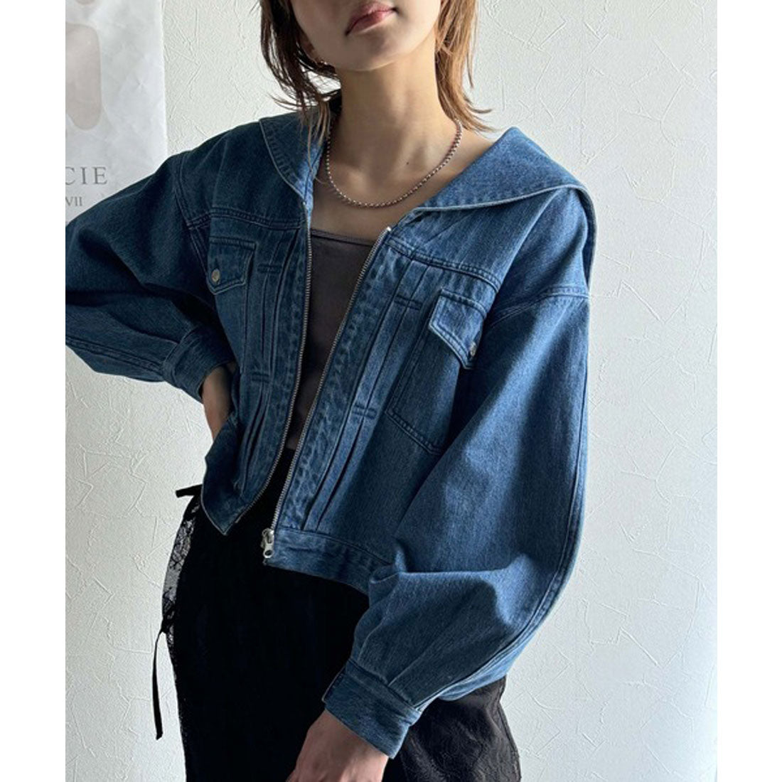クラシカルエルフ Classical Elf 1枚で旬顔コーデ♪綿100%セーラーカラージップアップデニムジャケット(ショート丈) (ブルー) ブルー