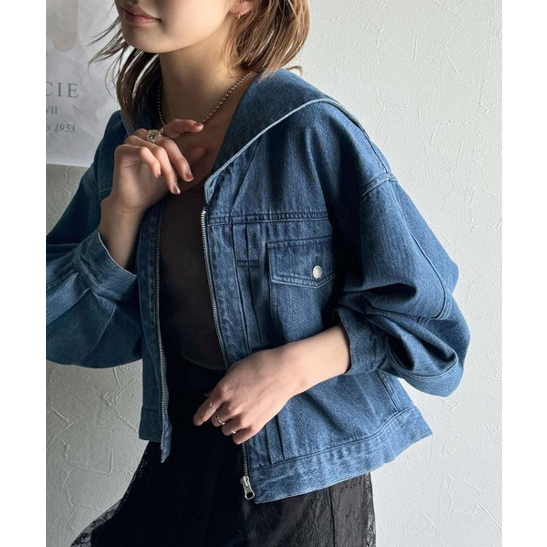 クラシカルエルフ Classical Elf 1枚で旬顔コーデ♪綿100%セーラーカラージップアップデニムジャケット(ショート丈) (ブルー) ブルー