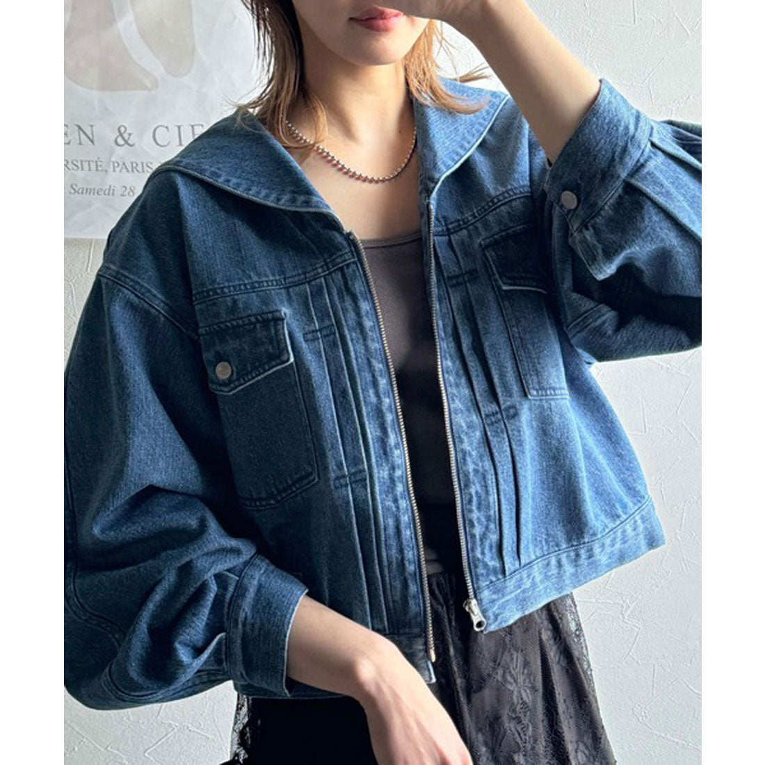 クラシカルエルフ Classical Elf 1枚で旬顔コーデ♪綿100%セーラーカラージップアップデニムジャケット(ショート丈) (ブルー) ブルー
