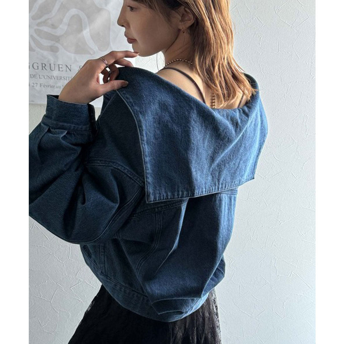 クラシカルエルフ Classical Elf 1枚で旬顔コーデ♪綿100%セーラーカラージップアップデニムジャケット(ショート丈) (ブルー) ブルー