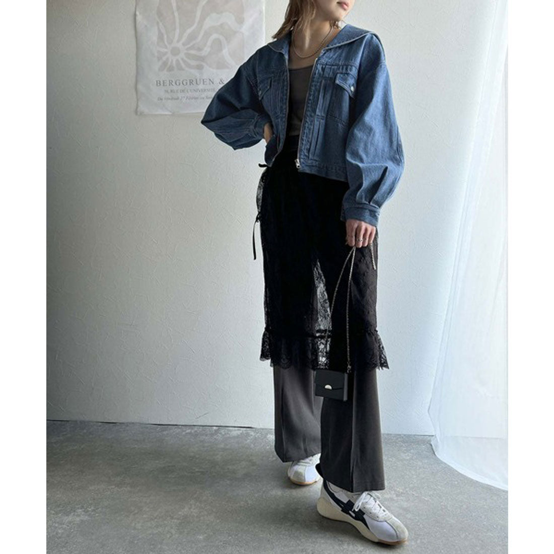 クラシカルエルフ Classical Elf 1枚で旬顔コーデ♪綿100%セーラーカラージップアップデニムジャケット(ショート丈) (ブルー) ブルー