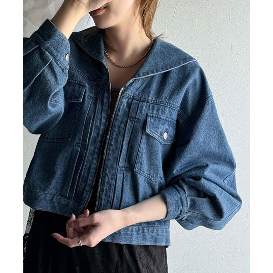 クラシカルエルフ Classical Elf 1枚で旬顔コーデ♪綿100%セーラーカラージップアップデニムジャケット(ショート丈) (ブルー) ブルー