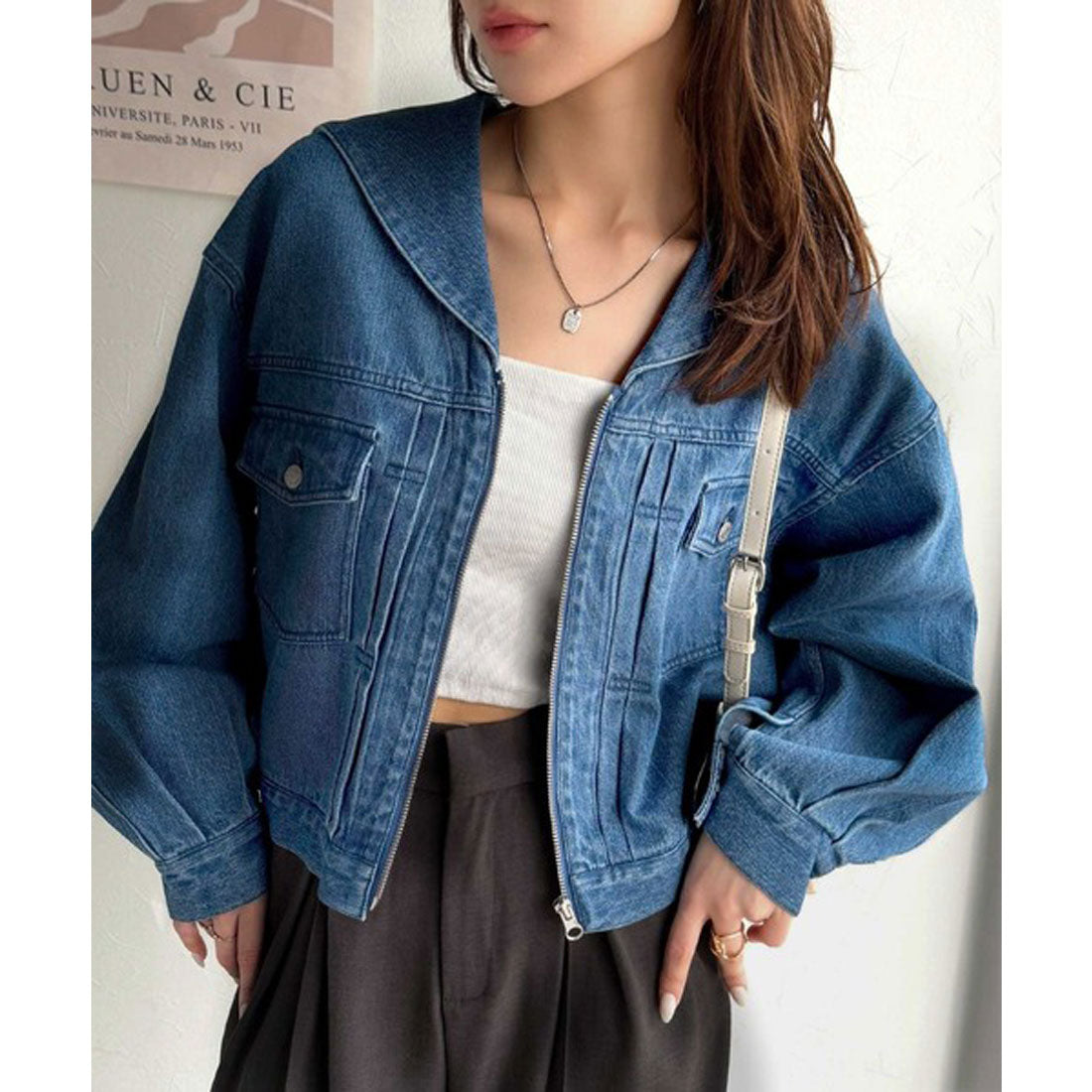 クラシカルエルフ Classical Elf 1枚で旬顔コーデ♪綿100%セーラーカラージップアップデニムジャケット(ショート丈) (ブルー) ブルー