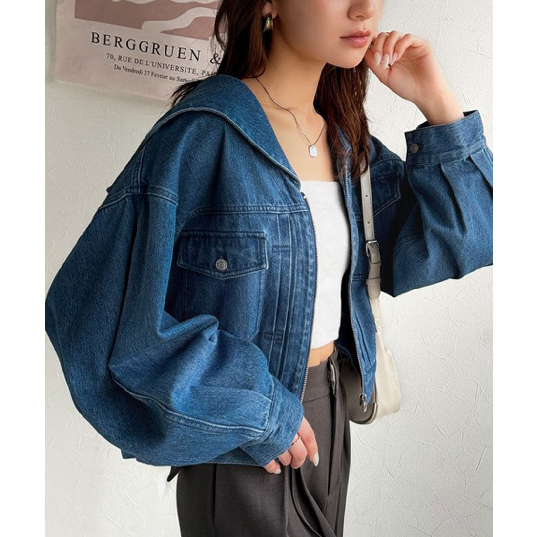 クラシカルエルフ Classical Elf 1枚で旬顔コーデ♪綿100%セーラーカラージップアップデニムジャケット(ショート丈) (ブルー) ブルー