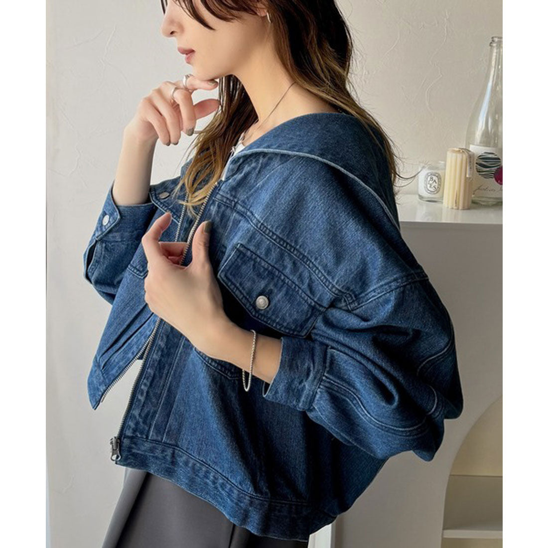 クラシカルエルフ Classical Elf 1枚で旬顔コーデ♪綿100%セーラーカラージップアップデニムジャケット(ショート丈) (ブルー) ブルー