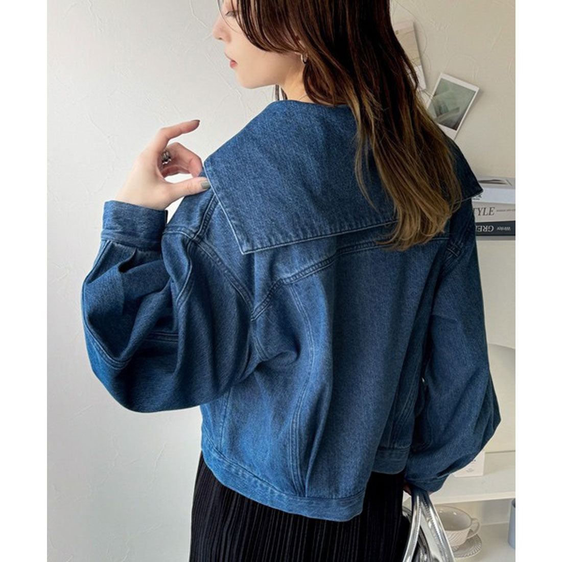 クラシカルエルフ Classical Elf 1枚で旬顔コーデ♪綿100%セーラーカラージップアップデニムジャケット(ショート丈) (ブルー) ブルー