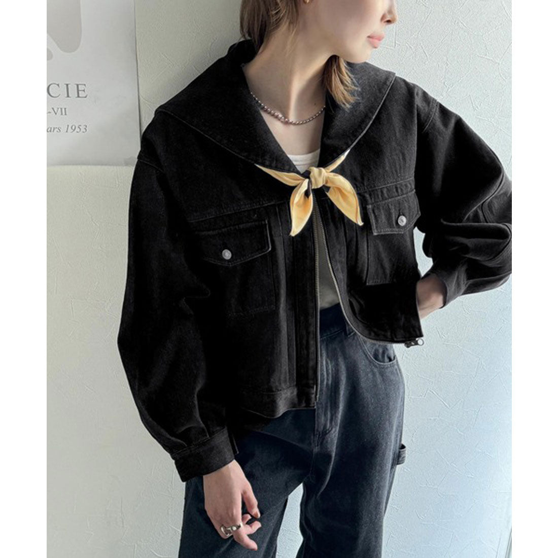 クラシカルエルフ Classical Elf 1枚で旬顔コーデ♪綿100%セーラーカラージップアップデニムジャケット(ショート丈) (ブラック) ブラック