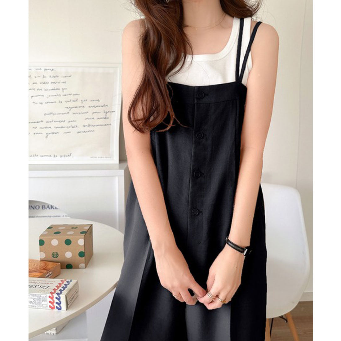 クラシカルエルフ Classical Elf 大人のこなれカジュアル。フロントボタン使いサロペットパンツ (ブラック) ブラック