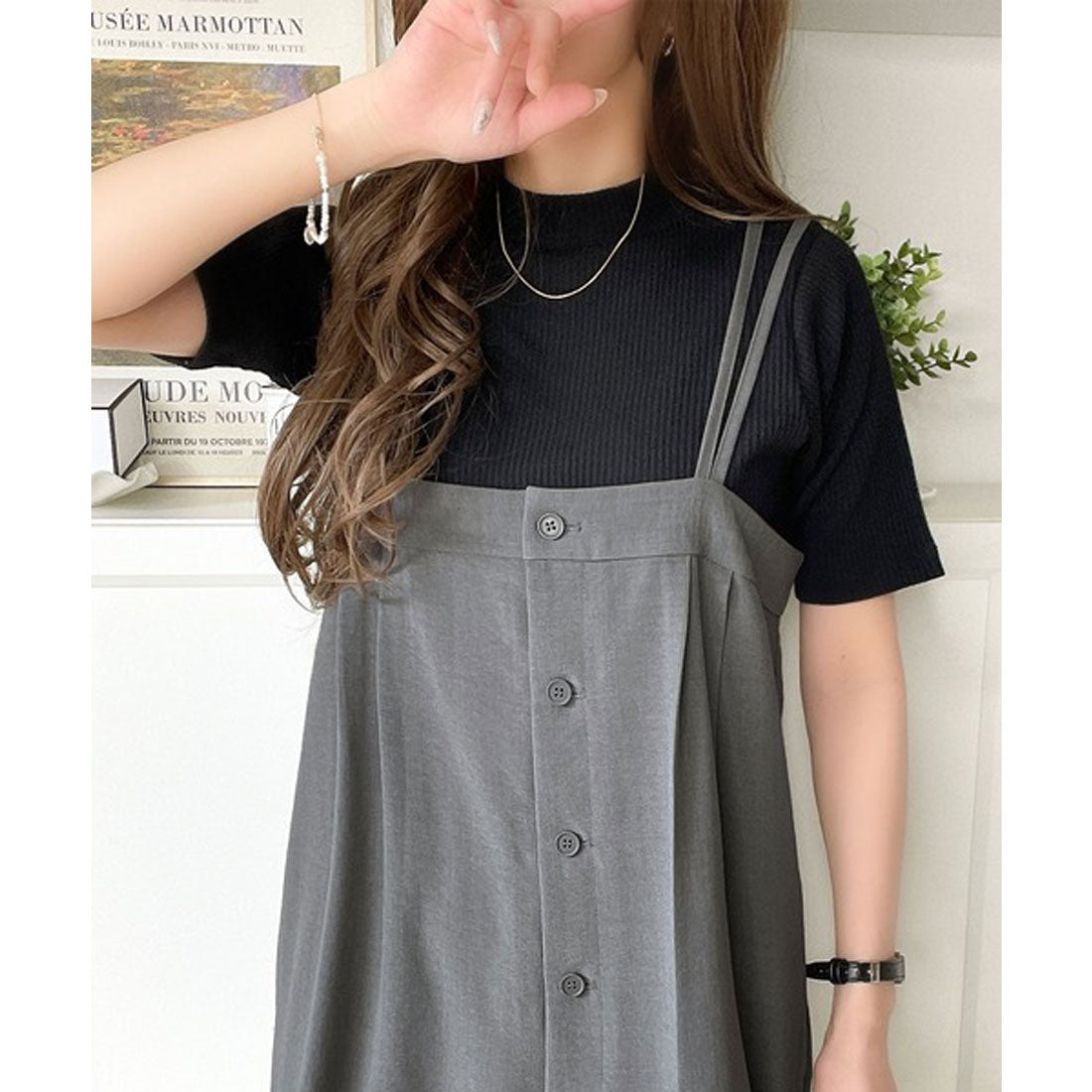 クラシカルエルフ Classical Elf 大人のこなれカジュアル。フロントボタン使いサロペットパンツ (ブラック) ブラック