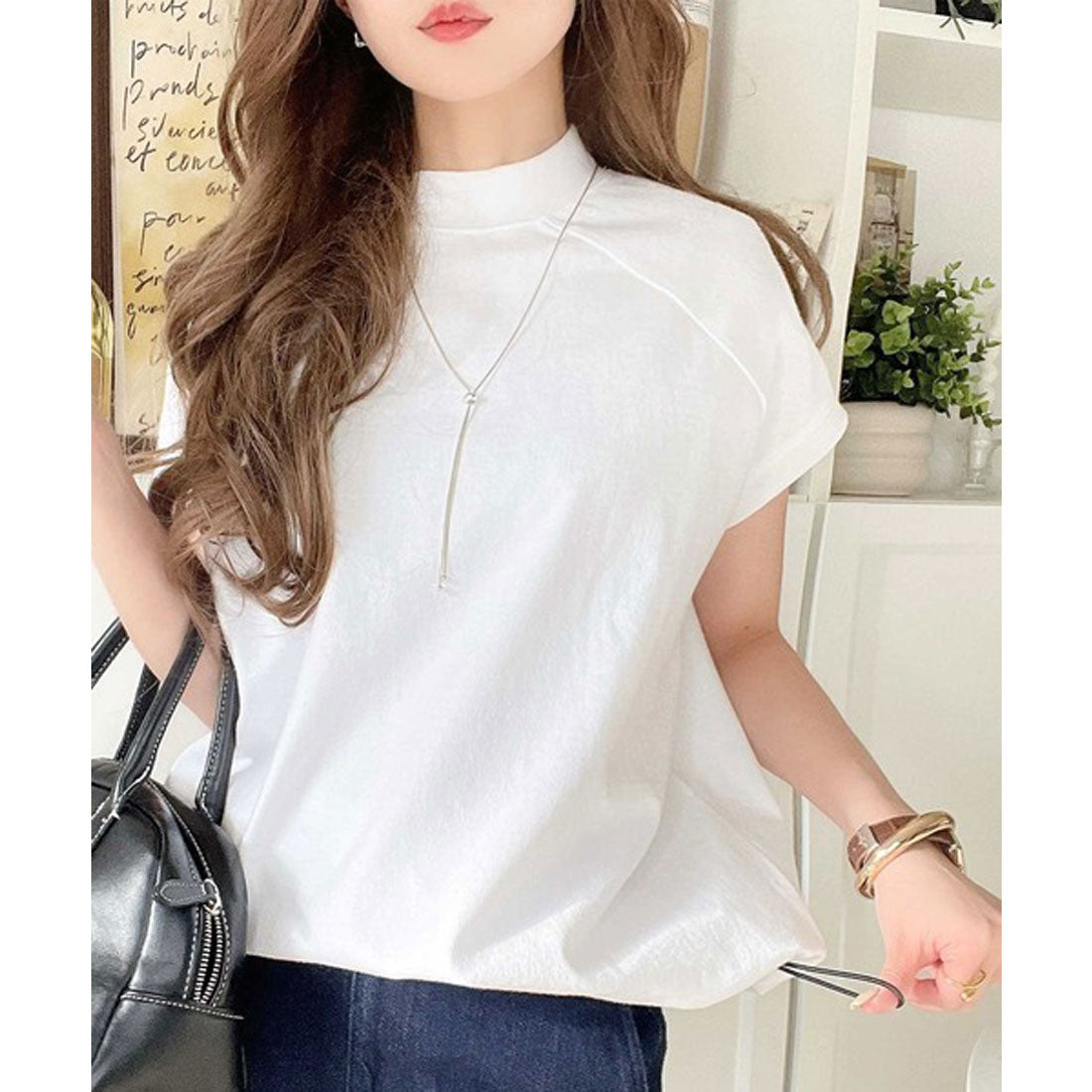 クラシカルエルフ Classical Elf 綿100%USAコットン。大人のモックネックフレンチラグラン裾ドロストシンプルTシャツ (ホワイト) ホワイト