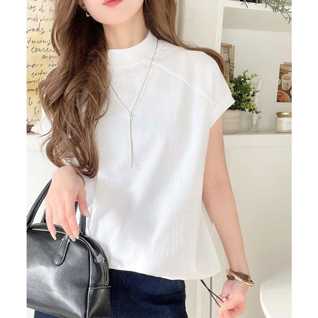 クラシカルエルフ Classical Elf 綿100%USAコットン。大人のモックネックフレンチラグラン裾ドロストシンプルTシャツ (ホワイト) ホワイト
