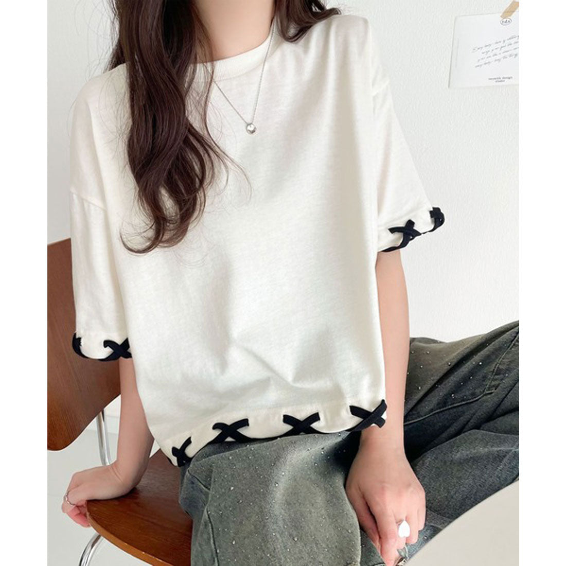 クラシカルエルフ Classical Elf 華やかさとこなれ感を両立!レースアップデザインクロップドTシャツ(半袖) (チャコール×ブラック) チャコール×ブラック