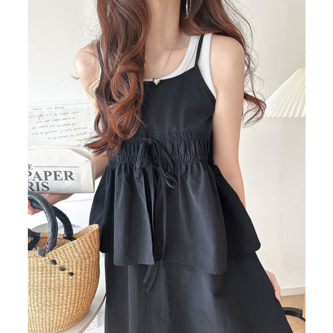 クラシカルエルフ Classical Elf 春 夏 のマストハブ!1枚で即、旬顔。フェイクレイヤードギャザーキャミワンピース (ブラック) ブラック