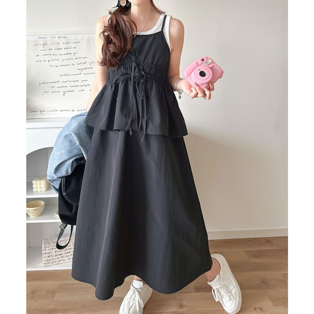 クラシカルエルフ Classical Elf 春 夏 のマストハブ!1枚で即、旬顔。フェイクレイヤードギャザーキャミワンピース (ブラック) ブラック