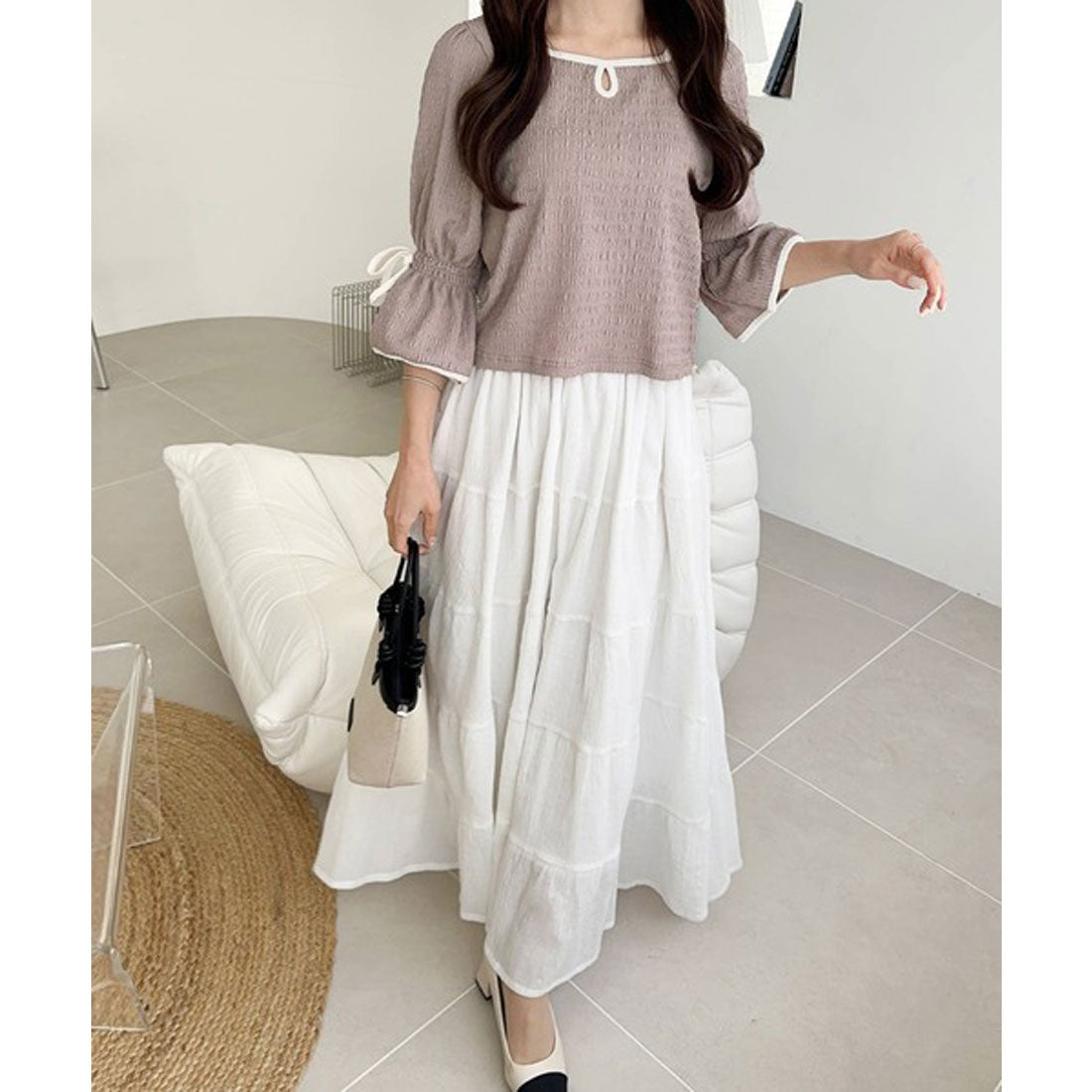 クラシカルエルフ Classical Elf 【mily bilet】華やか上品キュート。袖キャンディースリーブリボン付きプルオーバー (グレージュ) グレージュ