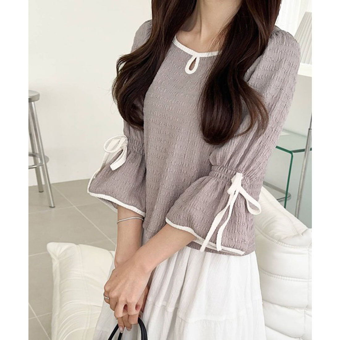 クラシカルエルフ Classical Elf 【mily bilet】華やか上品キュート。袖キャンディースリーブリボン付きプルオーバー (グレージュ) グレージュ