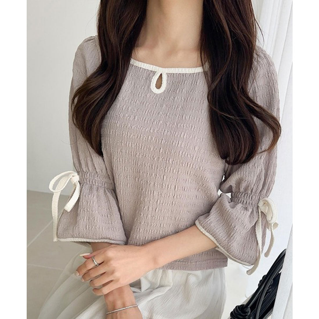 クラシカルエルフ Classical Elf 【mily bilet】華やか上品キュート。袖キャンディースリーブリボン付きプルオーバー (グレージュ) グレージュ