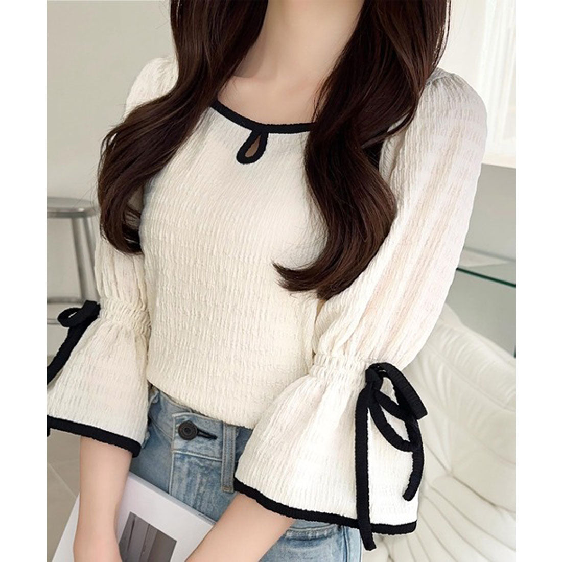 クラシカルエルフ Classical Elf 【mily bilet】華やか上品キュート。袖キャンディースリーブリボン付きプルオーバー (グレージュ) グレージュ