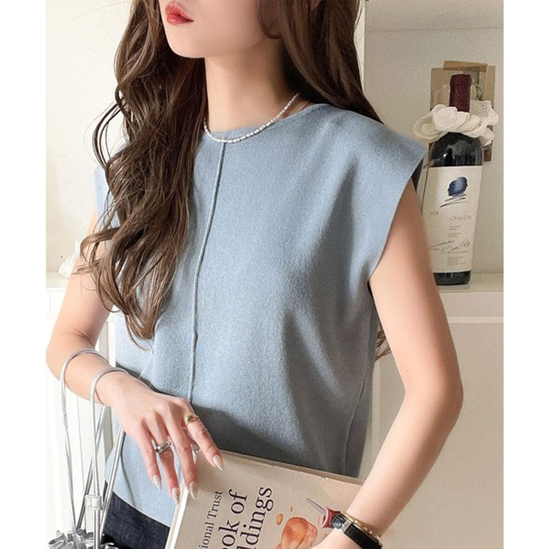 クラシカルエルフ Classical Elf 色違いで揃えたい!前後2wayセンターピンタック使いノースリーブサマーニット (ブルー) ブルー