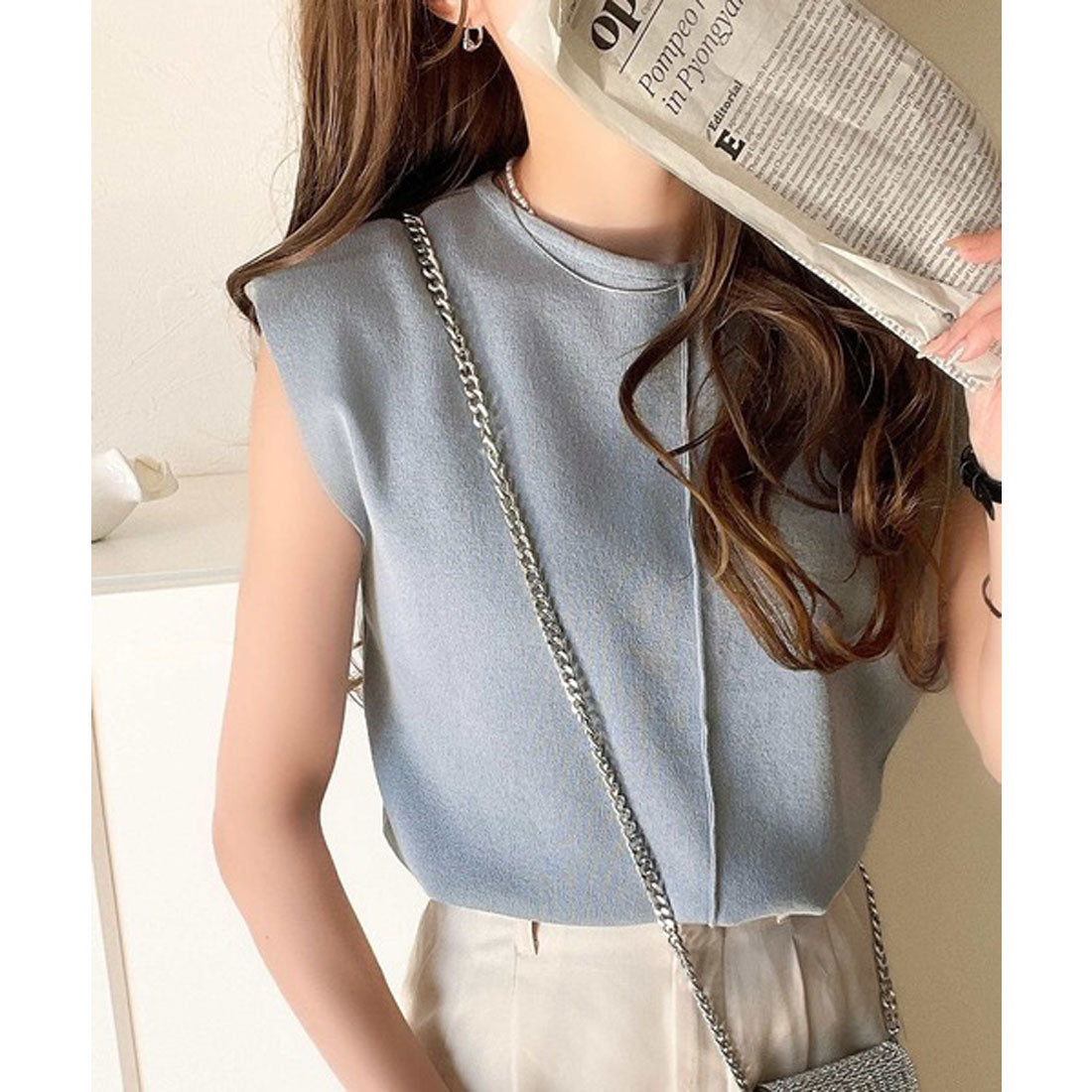 クラシカルエルフ Classical Elf 色違いで揃えたい!前後2wayセンターピンタック使いノースリーブサマーニット (ブルー) ブルー