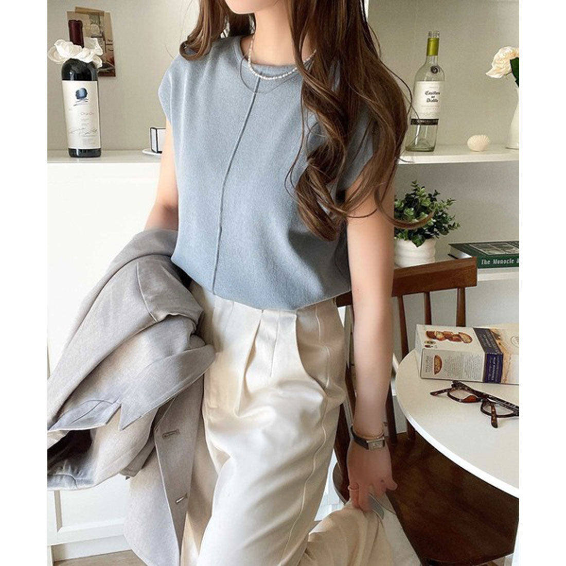 クラシカルエルフ Classical Elf 色違いで揃えたい!前後2wayセンターピンタック使いノースリーブサマーニット (ブルー) ブルー