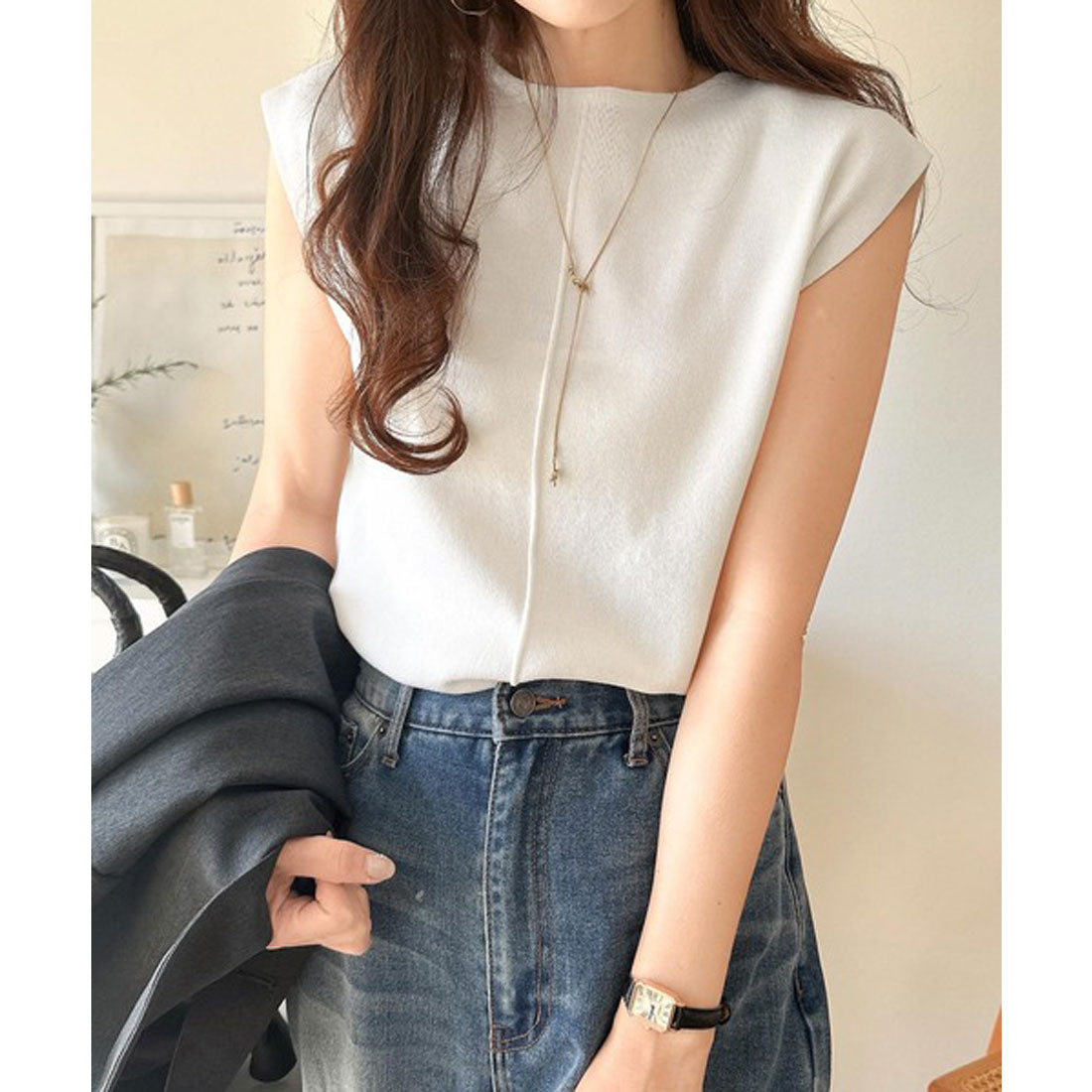 クラシカルエルフ Classical Elf 色違いで揃えたい!前後2wayセンターピンタック使いノースリーブサマーニット (ブルー) ブルー