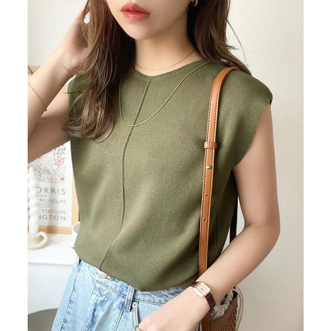 クラシカルエルフ Classical Elf 色違いで揃えたい!前後2wayセンターピンタック使いノースリーブサマーニット (カーキグリーン) カーキグリーン