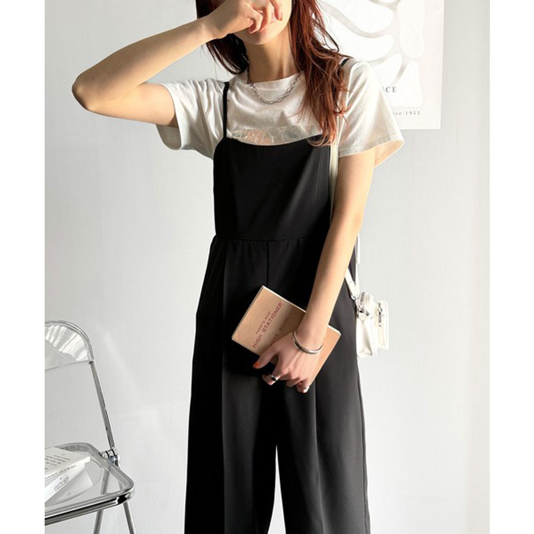 クラシカルエルフ Classical Elf 脚長美シルエット!センタープレス入りストレッチキャミサロペット (ブラック) ブラック