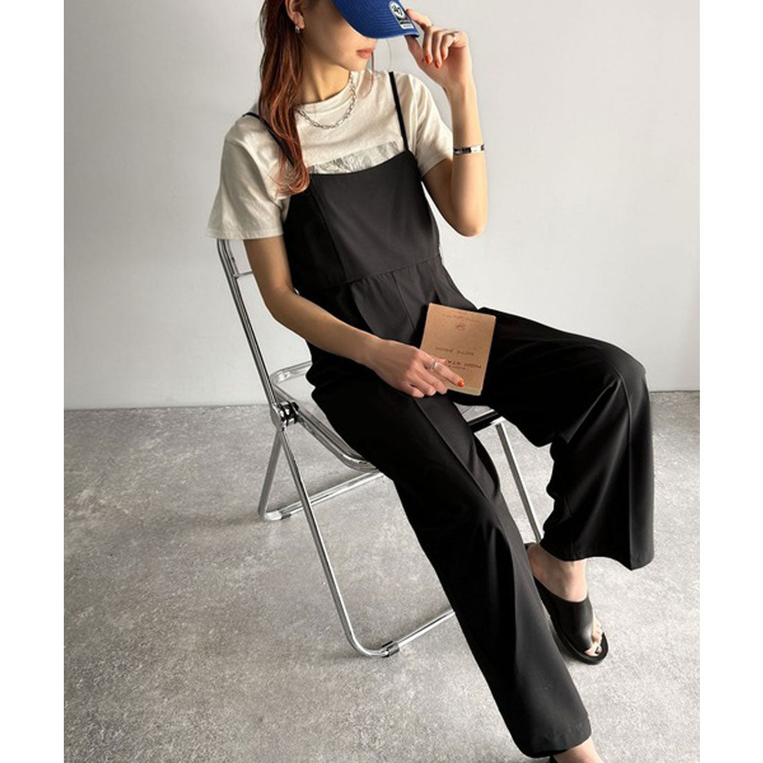 クラシカルエルフ Classical Elf 脚長美シルエット!センタープレス入りストレッチキャミサロペット (ブラック) ブラック