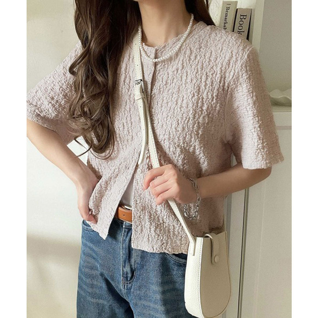 クラシカルエルフ Classical Elf ラフに着てもサマになる!前後2wayクラッシュジャカードノーカラーブラウス(半袖) (グレージュ) グレージュ