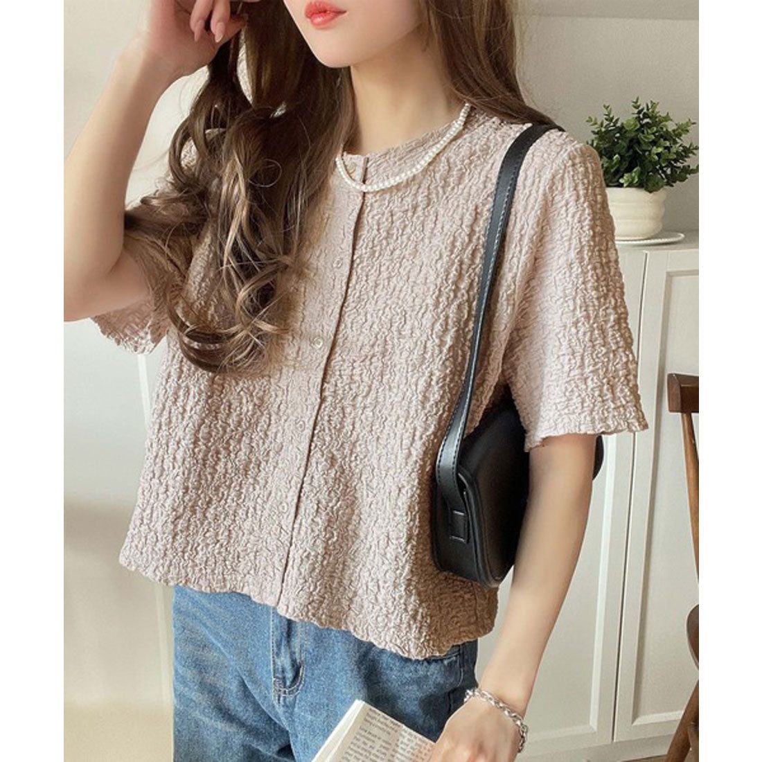 クラシカルエルフ Classical Elf ラフに着てもサマになる!前後2wayクラッシュジャカードノーカラーブラウス(半袖) (グレージュ) グレージュ